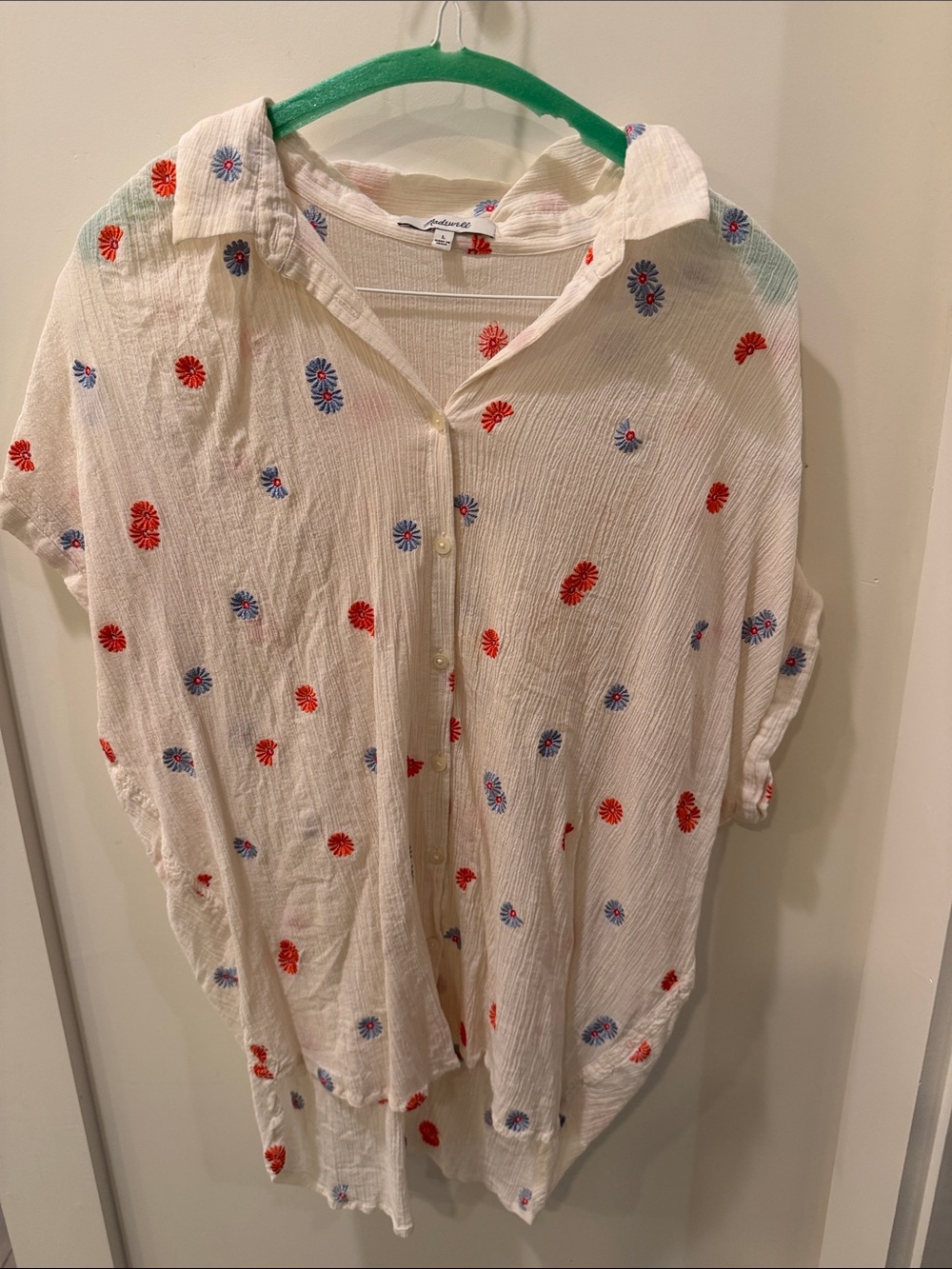 Cream Button-Down Shirt with Red & Blue Daisy Embroidery